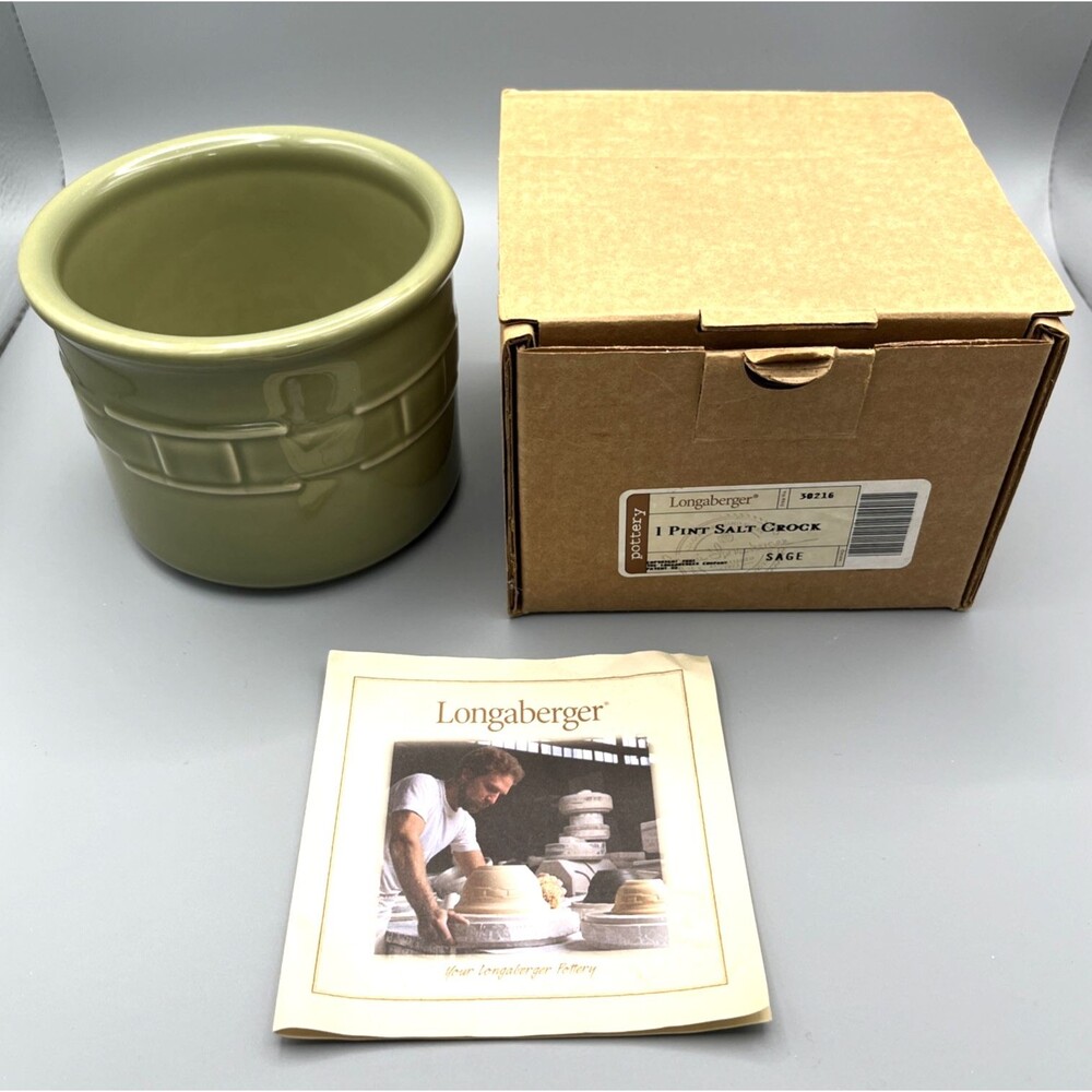 Longaberger Pottery USA 1 Pint Salt Crock Sage Woven Traditions In Box